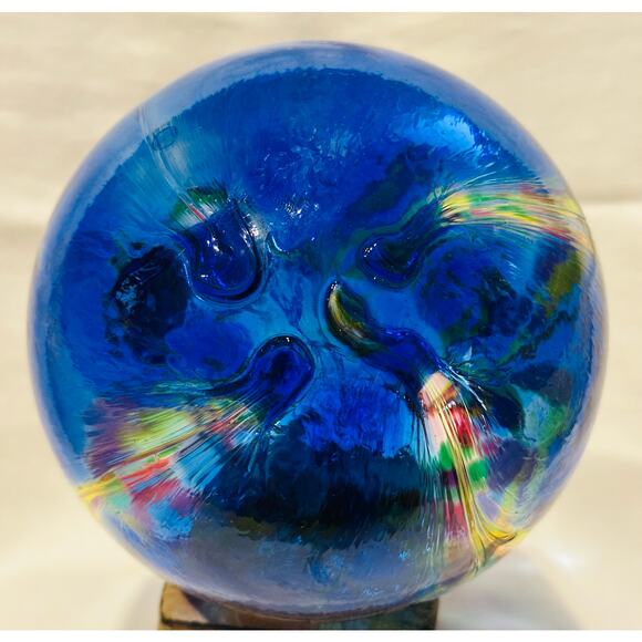 Glass Art Studio Hand Blown  Blue, Yellow, Purple, Green Ornament Size 7”x7” - Picture 4 of 10